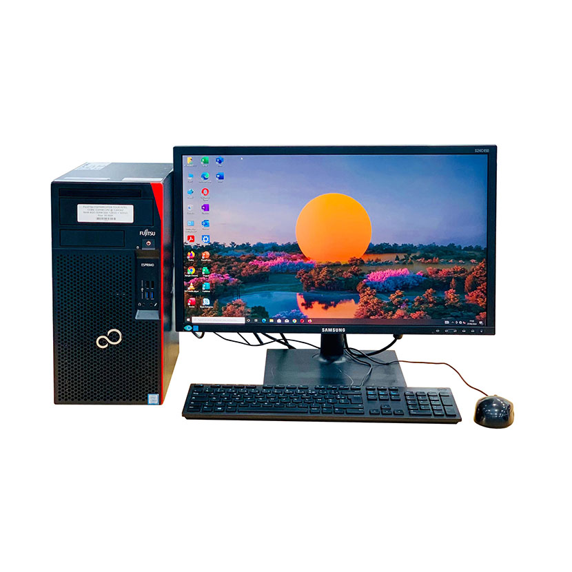 Vente de complet bureau d'occasion à Abidjan : UC Fujitsu Esprimo P558 Tour Core i3 (8th Gen.) @ 3.60GHz · RAM 8Go DDR4 SSD 128Go+ HDD 500Go · Écran Samsung 22" avec accessoires