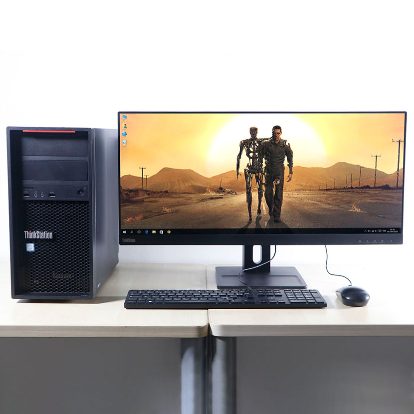 Vente de complet bureau Lenovo ThinkStation P310 Tour Intel Xeon-1245 v5 @ 3.40 GHz - RAM 16Go DDR4 SSD 128Go + 1To - GPU 8Go - Écran LENOVO 29" FHD avec accessoires