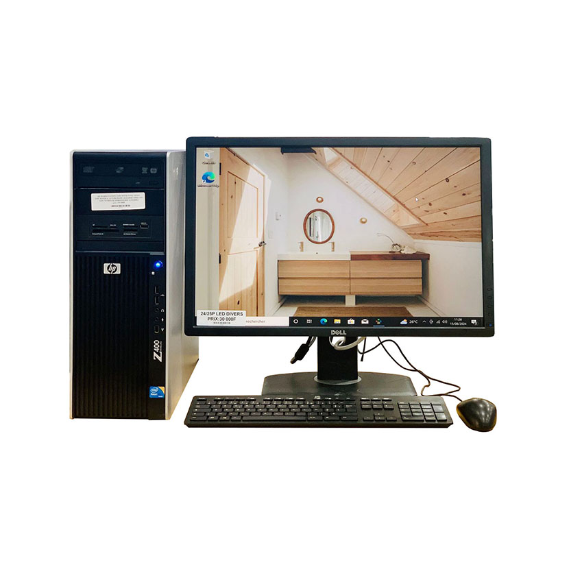 Vente de complet bureau d'occasion à Abidjan : HP Workstation Z400 · Intel Xeon CPU W3520 @ 2,67GHz · RAM 12Go DDR3 HDD 1To · GPU 1Go GDDR3 · Écran 24" · Garantie 3 mois