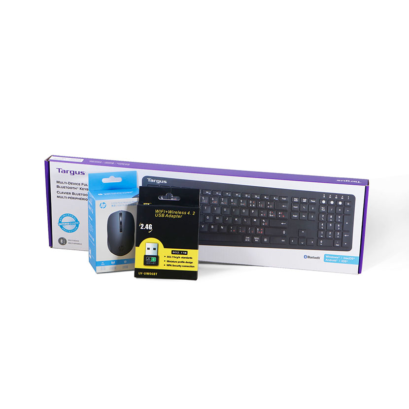 Commandez votre Kit Accessoire Pro Contenant un clavier sans fil Targus AKB864FR, une souris sans fil HP S1000 Plus et une clé adaptateur Wi-Fi et Bluetooth