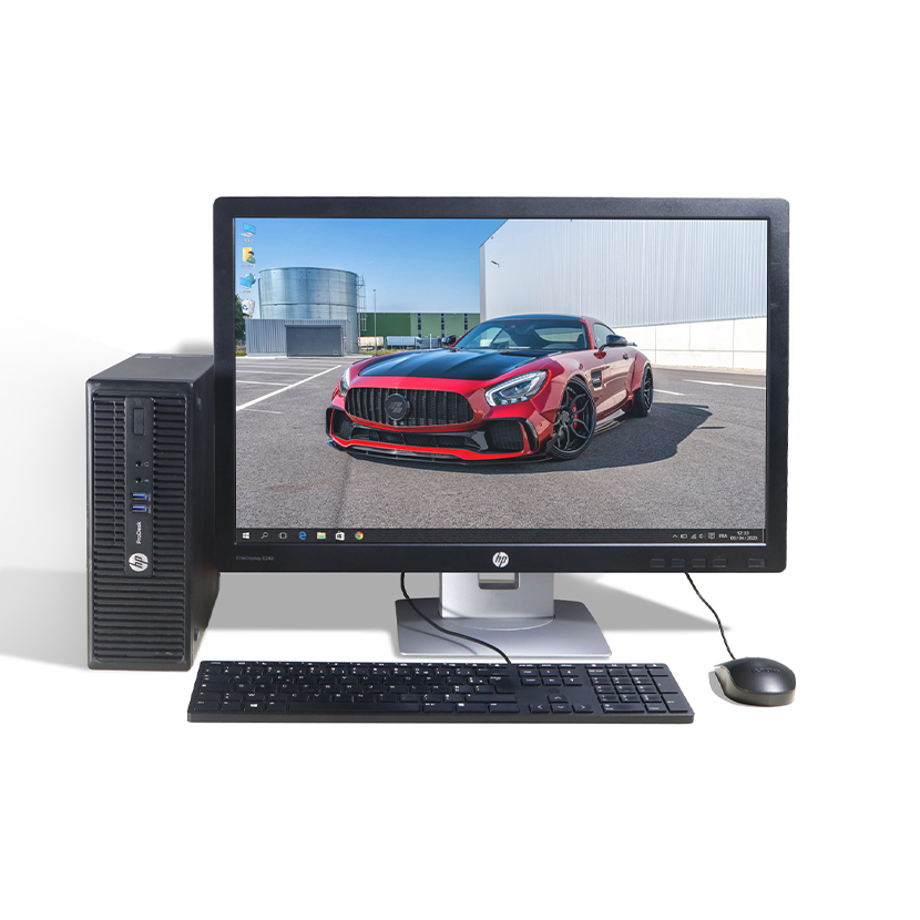 Vente de Complet bureau d'occasion HP ProDesk 400 G2.5 SFF · Core i3 (4ᵉ Gén) CPU @ 3.70GHz · Capacité : 4Go DDR3 / 500Go · Écran HP 24" *Garantie de 3 mois