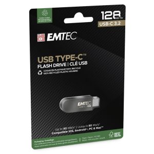 Vente de Clé USB ultra fin et sans capuchon · Emtec C280 · Capacité 128Go · Norme USB Type-C 3.2 · Vitesse de lecture-écriture 80-20 (Mb/s)
