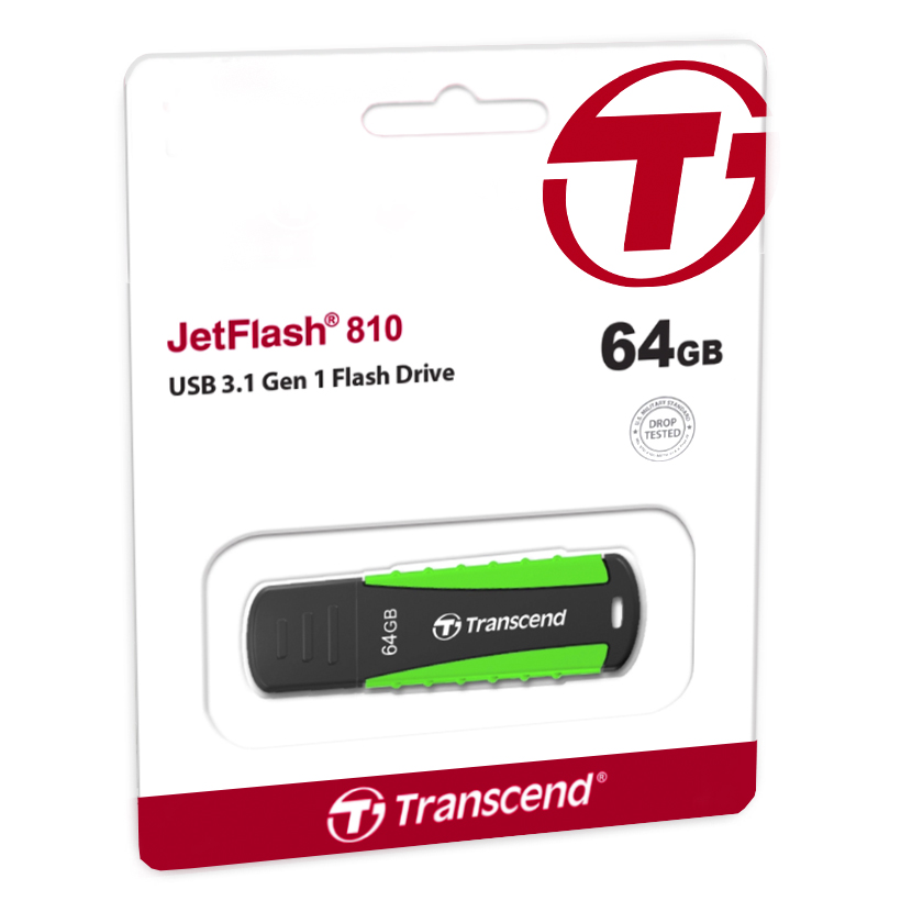 Vente de La clé USB 3.1 Transcend JetFlash 810 est caoutchoutée, pour une excellente protection contre les chocs, éclaboussures, la poussière et l'humidité.