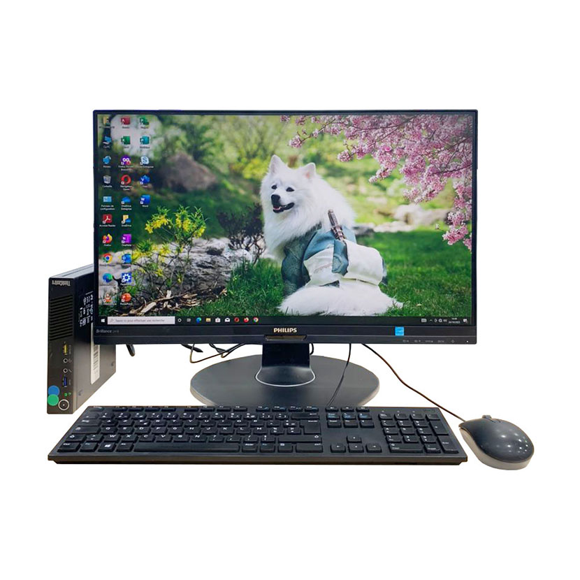 Complet bureau d'occasion Micro Lenovo M73 Intel Core i3-4130 CPU @ 3.40 GHz RAM : 4 Go DDR4 / HDD 500Go plus un écran : Philips 241P4Q 24" avec tous les accessoires
