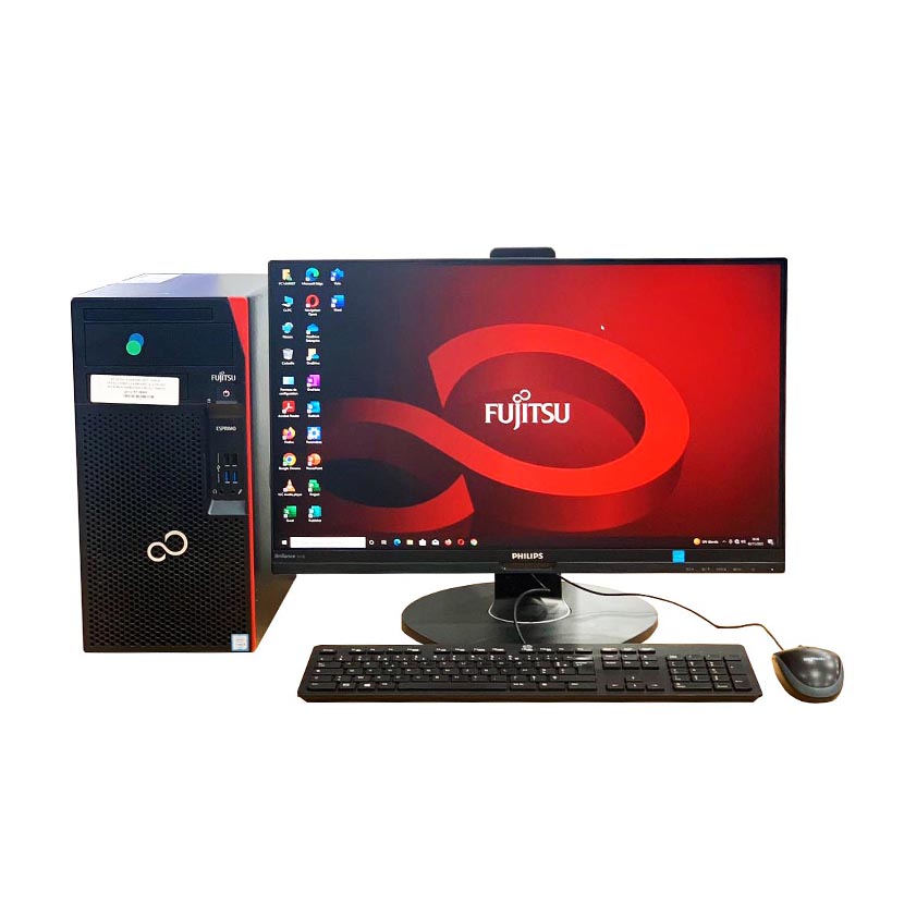 Complet bureau Fujitsu Esprimo P558 Tour Core i3 (8th Gen.) @ 3.60GHz - RAM 8Go DDR4 SSD 128Go - SSD 128Go + HDD 500Go - Écran Philips 24" avec accessoires