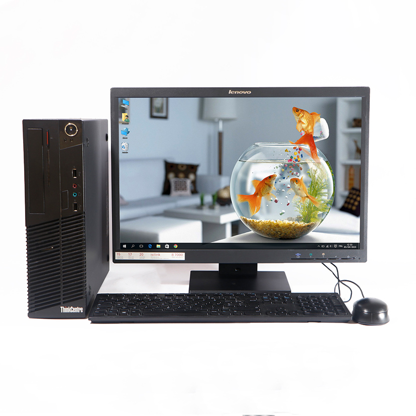 Complet bureau d'occasion Lenovo M73 Couché Celeron G1840 CPU @ 2.80 GHz RAM : 6Go DDR3 / SSD 128Go plus un écran : Lenovo 22" avec tous les accessoires