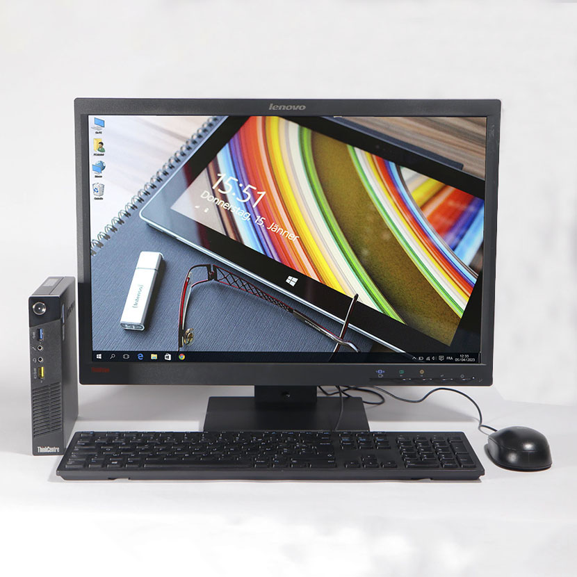 Complet bureau d'occasion Micro Lenovo M73 Celeron G1820 CPU @ 2.40 GHz RAM : 4 Go DDR3 / HDD 500 Go plus un écran : Lenovo 22" avec tous les accessoires