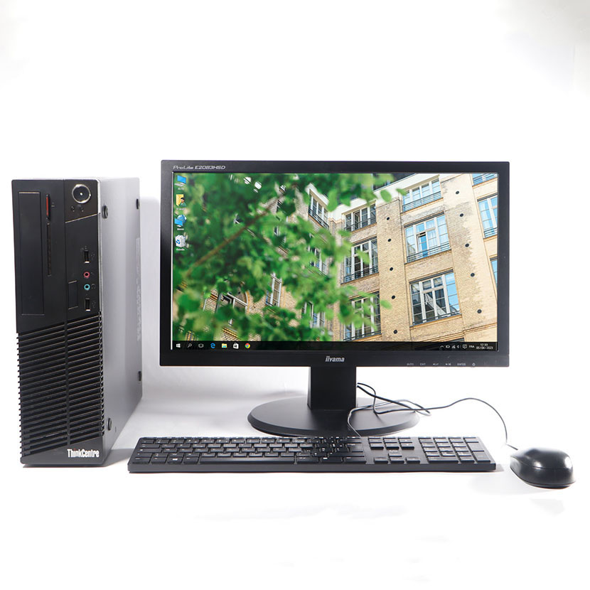 Complet bureau d'occasion Lenovo M73 SFF Celeron CPU G1840 @ 2.80 GHz RAM : 6 Go DDR3 / SSD 128 Go plus un écran : iiYama 20" avec accessoires