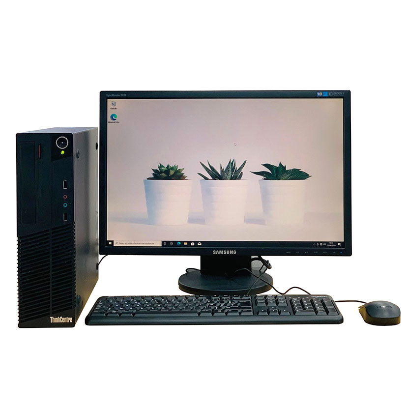 Vente de Complet bureau d'occasion Lenovo M73 Intel Core i3-4160 CPU @3.60 GHz RAM : 6Go DDR3 / SSD 128Go plus un écran de marque divers 22"/23" avec accessoires