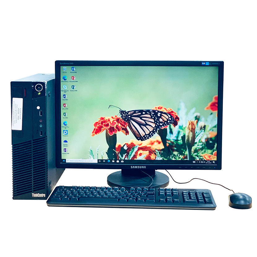 Complet bureau d'occasion Lenovo M73 Intel Core i3-4160 CPU @3.60 GHz RAM : 6Go DDR3 / SSD 128Go plus un écran : Samsung 22" avec accessoires