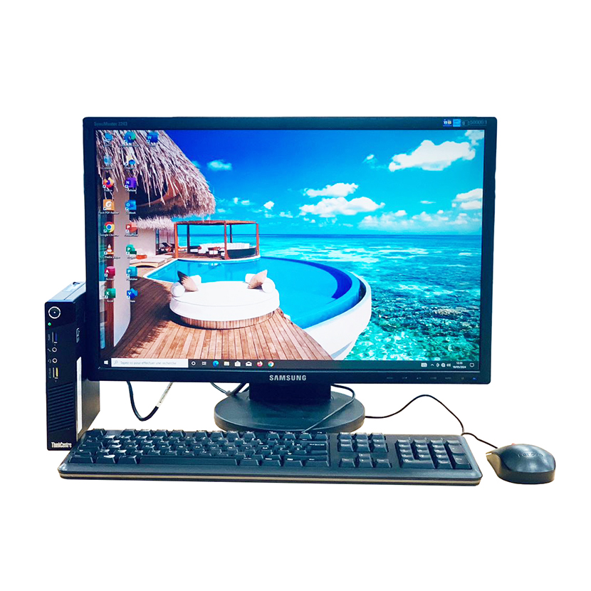 Complet bureau d'occasion Micro Lenovo M73 Celeron G1820 CPU @ 2.40 GHz RAM : 4 Go DDR3 / HDD 500 Go plus un écran : Samsung 22" avec tous les accessoires