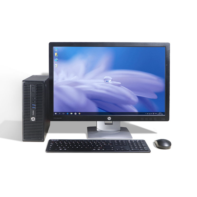 Vente de complet bureau d'occasion HP ProDesk 400 G2.5 SFF · Core i3 (4ᵉ Gén) CPU @ 3.70GHz · Capacité : 4Go DDR3 / 500Go · Écran HP 24" avec Wi-Fi & Bluetooth (USB) *Garantie de 3 mois
